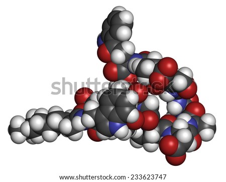 Daptomycin antibiotic drug molecule. Atoms are represented as spheres with conventional color coding: hydrogen (white), carbon (grey), oxygen (red), nitrogen (blue).