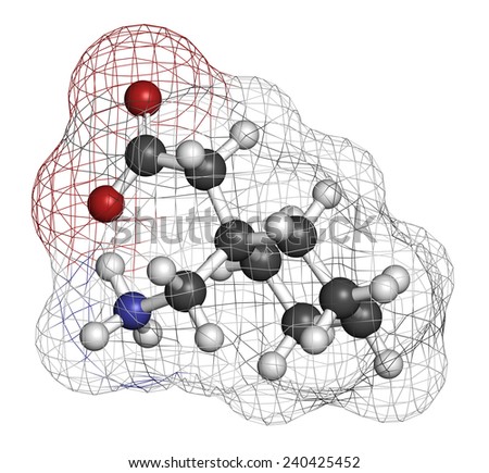 Gapapentin drug molecule. Used in treatment of seizures and neuropathic pain. Atoms are represented as spheres with conventional color coding: hydrogen (white), carbon (grey), oxygen (red), etc
