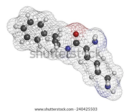 Lisdexamfetamine mesylate ADHD treatment drug molecule. Atoms are represented as spheres with conventional color coding: hydrogen (white), carbon (grey), oxygen (red), nitrogen (blue).