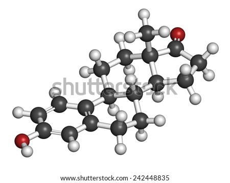 Estrone (oestrone) human estrogen hormone molecule. Atoms are represented as spheres with conventional color coding: hydrogen (white), carbon (grey), oxygen (red).