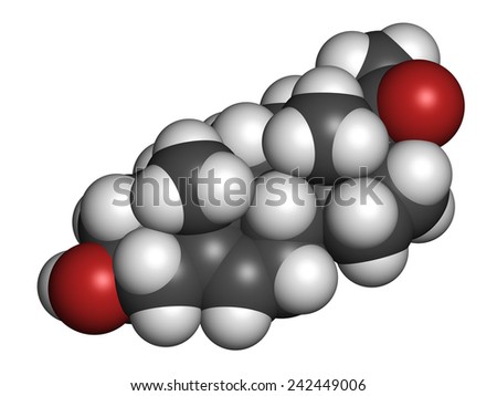 Pregnenolone hormone molecule. Functions both as prohormone and neurosteroid. Atoms are represented as spheres with conventional color coding: hydrogen (white), carbon (grey), oxygen (red).