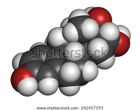 Estriol (oestriol) human estrogen hormone molecule. Atoms are represented as spheres with conventional color coding: hydrogen (white), carbon (grey), oxygen (red).