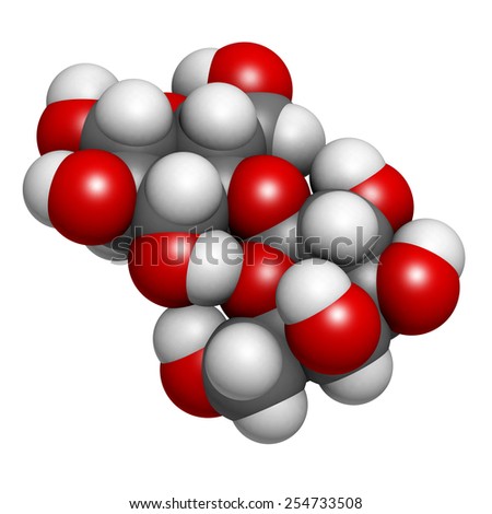 Lactose milk sugar molecule, chemical structure. Lactose is the disaccharide sugar found in milk. Atoms are represented as spheres with conventional color coding: hydrogen (white), carbon (grey), etc