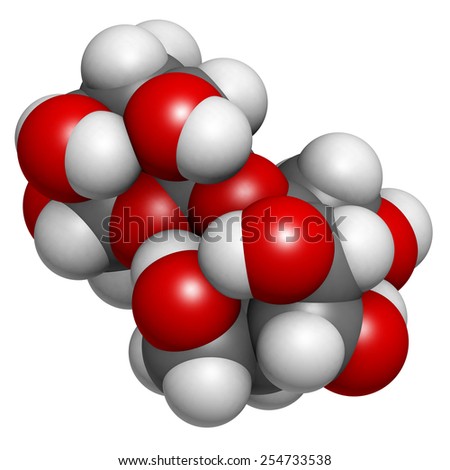 Sugar (sucrose, saccharose) molecule, chemical structure. Atoms are represented as spheres with conventional color coding: hydrogen (white), carbon (grey), oxygen (red)
