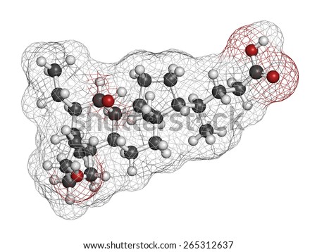 Obeticholic acid liver disease drug molecule. Agonist of farnesoid x receptor (FXR). Atoms are represented as spheres with conventional color coding: hydrogen (white), carbon (grey), oxygen (red).