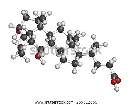 Obeticholic acid liver disease drug molecule. Agonist of farnesoid x receptor (FXR). Atoms are represented as spheres with conventional color coding: hydrogen (white), carbon (grey), oxygen (red).