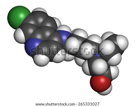 Hydroxychloroquine malaria drug molecule. Atoms are represented as spheres with conventional color coding: hydrogen (white), carbon (grey), oxygen (red), nitrogen (blue), chlorine (green).