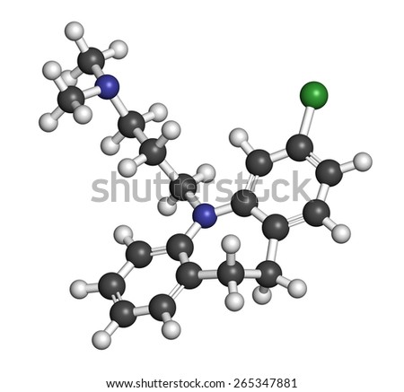Clomipramine tricyclic antidepressant drug molecule. Used in treatment of depression, obsessive-compulsive disorder, etc. Atoms are represented as spheres with conventional color coding.