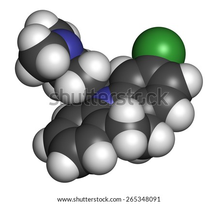 Clomipramine tricyclic antidepressant drug molecule. Used in treatment of depression, obsessive-compulsive disorder, etc. Atoms are represented as spheres with conventional color coding.
