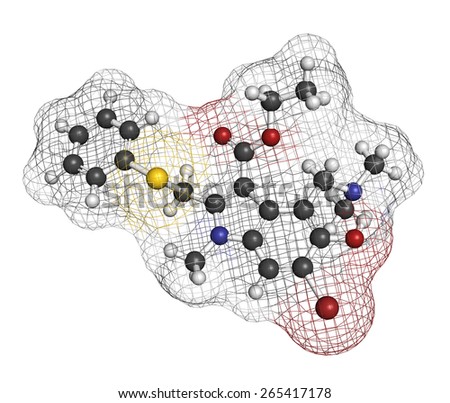 Arbidol influenza drug molecule. Atoms are represented as spheres with conventional color coding: hydrogen (white), carbon (grey), oxygen (red), nitrogen (blue), sulfur (yellow), chlorine (green), etc