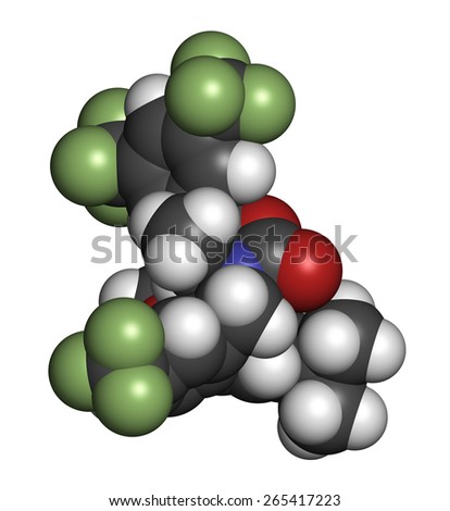 Anacetrapib hypercholesterolemia drug molecule. CETP (cholesterylester transfer protein) inhibitor for the treatment of elevated cholesterol levels. Atoms are represented as spheres.