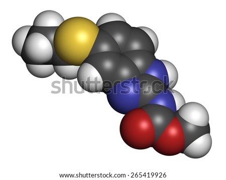 Albendazole anthelmintic drug molecule. Used in treatment of parasitic worm infestations. Atoms are represented as spheres with conventional color coding: hydrogen (white), carbon (grey), etc