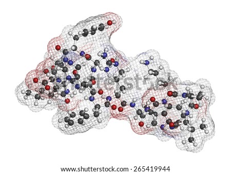 Afamelanotide (melanotan-1) photoprotective drug molecule. Atoms are represented as spheres with conventional color coding: hydrogen (white), carbon (grey), oxygen (red), nitrogen (blue).