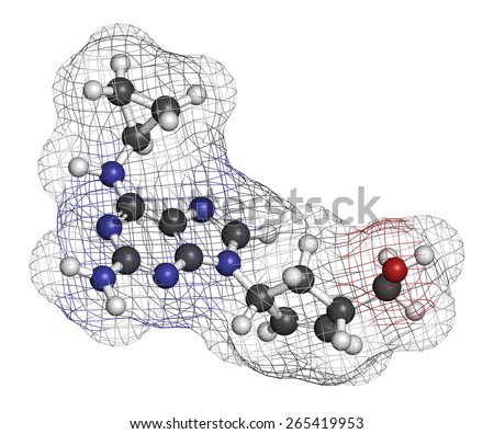 Abacavir (ABC) reverse transcriptase inhibitor drug. Used in treatment of HIV infection and AIDS. Atoms are represented as spheres with conventional color coding: hydrogen (white), carbon (grey), etc