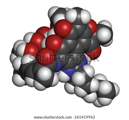 Rifabutin tuberculosis drug molecule. Atoms are represented as spheres with conventional color coding: hydrogen (white), carbon (grey), oxygen (red), nitrogen (blue).