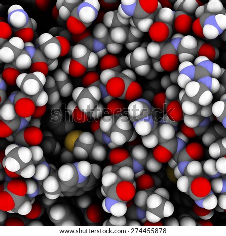 alpha 2-antiplasmin (a2-antiplasmin) protein molecule. Main inhibitor of blood clot dissolving enzyme plasmin. Atoms shown as color-coded spheres (closeup).