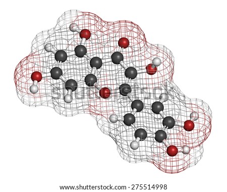 Quercetin plant molecule. Atoms are represented as spheres with conventional color coding: hydrogen (white), carbon (grey), oxygen (red).