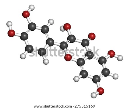 Quercetin plant molecule. Atoms are represented as spheres with conventional color coding: hydrogen (white), carbon (grey), oxygen (red).