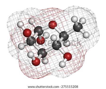 Rhamnose (L-rhamnose) deoxy sugar molecule. Used in cosmetics to treat wrinkles. Atoms are represented as spheres with conventional color coding: hydrogen (white), carbon (grey), oxygen (red).