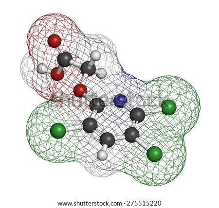 Triclopyr herbicide (broadleaf weed killer) molecule. Atoms are represented as spheres with conventional color coding: hydrogen (white), carbon (grey), oxygen (red), nitrogen (blue), chlorine (green)