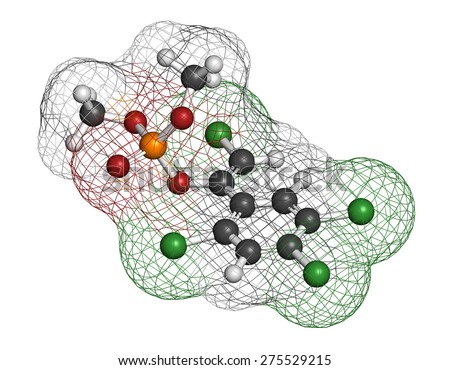 Tetrachlorvinphos organophosphate insecticide molecule. Atoms are represented as spheres with conventional color coding: hydrogen (white), carbon (grey), oxygen (red), chlorine (green), etc
