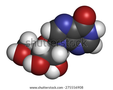 Inosine nucleoside molecule. Found in tRNA. Used as fitness nutritional supplement. Atoms are represented as spheres with conventional color coding: hydrogen (white), carbon (grey), etc