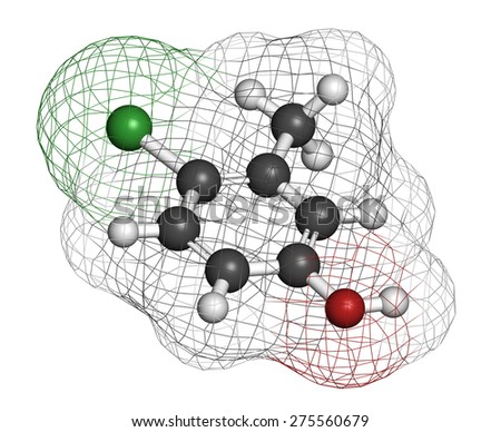 Chlorocresol (p-chlorocresol) antiseptic and preservative molecule. Atoms are represented as spheres with conventional color coding: hydrogen (white), carbon (grey), oxygen (red), chlorine (green).