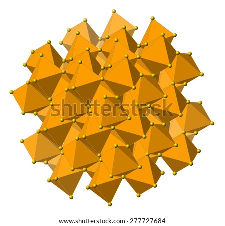 Pyrite (fool\'s gold, Fe2S) mineral, crystal structure. Atoms shown as spheres and polyhedra. Iron, brown; sulfur, yellow.