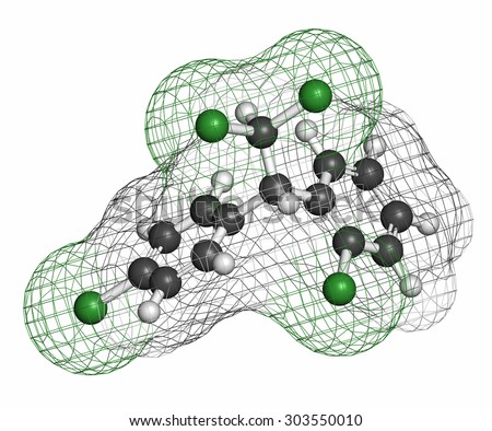 Mitotane cancer drug molecule. Atoms are represented as spheres with conventional color coding: hydrogen (white), carbon (grey), chlorine (green).