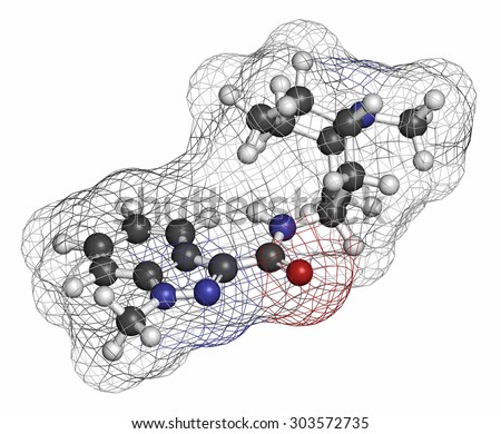 Granisetron nausea and vomiting drug molecule. Atoms are represented as spheres with conventional color coding: hydrogen (white), carbon (grey), oxygen (red), nitrogen (blue).