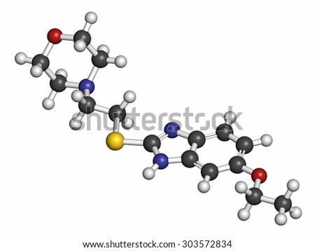 Fabomotizole anxiolytic drug molecule. Atoms are represented as spheres with conventional color coding: hydrogen (white), carbon (grey), oxygen (red), nitrogen (blue), sulfur (yellow).