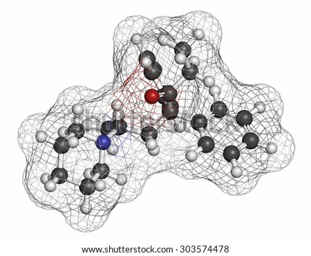 Dipipanone opioid analgesic drug molecule. Atoms are represented as spheres with conventional color coding: hydrogen (white), carbon (grey), oxygen (red), nitrogen (blue).