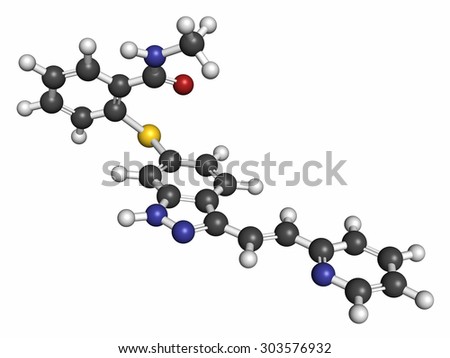 Axitinib cancer drug molecule. Atoms are represented as spheres with conventional color coding: hydrogen (white), carbon (grey), oxygen (red), nitrogen (blue), sulfur (yellow).