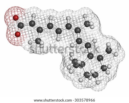 Alitretinoin (9-cis-retinoic acid) cancer and eczema drug molecule. Analog of vitamin A. Atoms are represented as spheres with conventional color coding: hydrogen (white), carbon (grey), oxygen (red).