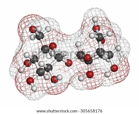 Trehalose (mycose, tremalose) sugar molecule. Atoms are represented as spheres with conventional color coding: hydrogen (white), carbon (grey), oxygen (red).