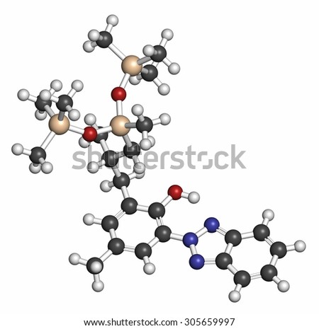 Drometrizole trisiloxane sunscreen molecule (UV filter). Atoms are represented as spheres with conventional color coding: hydrogen (white), carbon (grey), oxygen (red), nitrogen (blue), etc