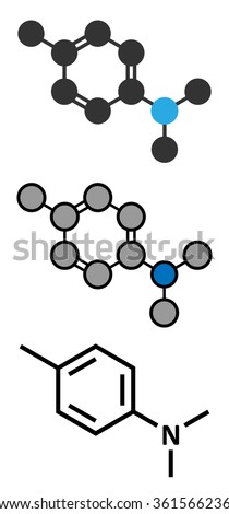 N,N-dimethyl-p-toluidine (DMPT) molecule. Commonly used as catalyst in the production of polymers and in dental materials and bone cements. Stylized 2D renderings and conventional skeletal formula. 