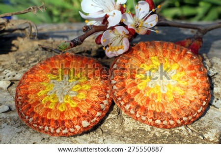 Handmade knitted round earrings with apricot blossom in spring on the nature background