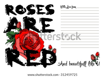 Contrast dry brush font love message poster Roses are red cute words with flowers, rose, buds, greeting card and letter design with space to write.