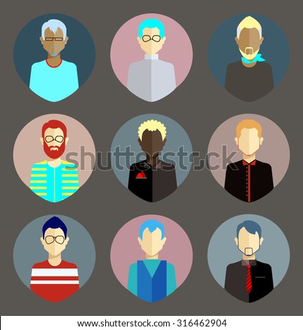 Colorful icons of flat faces of men in circle. Trend game and character design avatars. People flat icons collection