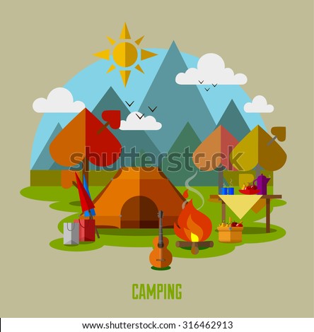 Camping vector flat illustration landscape collection, hiking and outdoor recreation concept, travel icons. Travel tourism rest vacation near mountains in forest, nature weather concept template.
