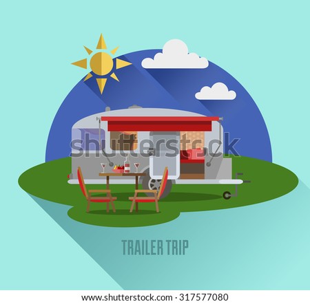 Camping vector flat illustration landscape collection, traveling on trailer. Outdoor recreation concept with flat trailer car travel icons. Travel tourism rest vacation, family time, trip concept.