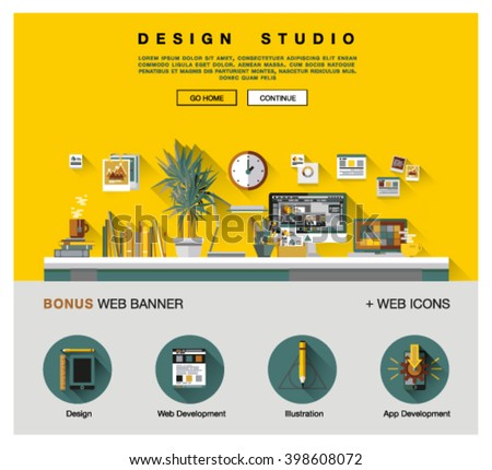 Flat web design template of one page with bright flat icons of design studio agency services. Digital graphics, web develop and apps prototyping. Flat design image concept, website elements layout