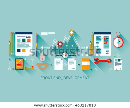 Flat front end development of application programming, client web software and testing. Flat, line graphic image concept, website elements layout, one page web design template with thin line icons.
