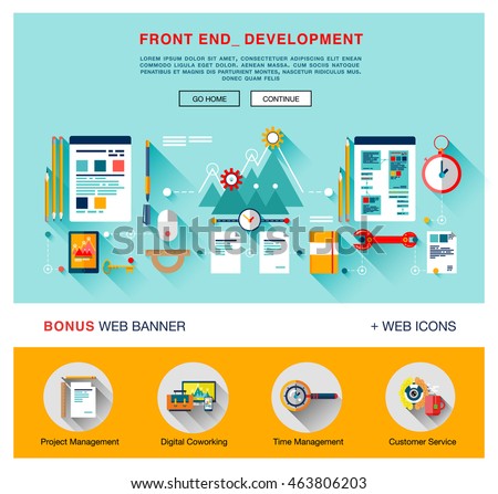 Flat front end development of application programming, client web software and testing. Flat design graphic image concept, website elements layout, one page web design template with icons
