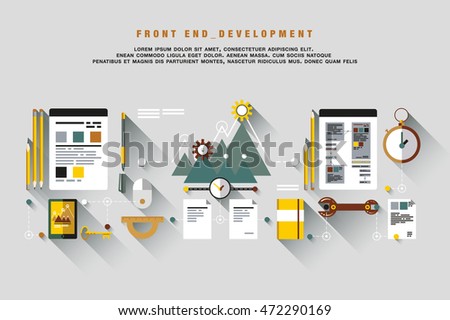 Front end development of application programming, client web software and testing. Flat, line design graphic image concept, website elements layout, one page web design template with thin line icons.