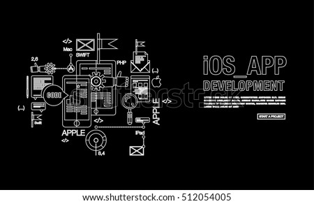 Flat style one page design concept of iOS app development, SEO, mobile site development. For website banners and printed materials with icons How it works set with psd icon, development, QA, delivery
