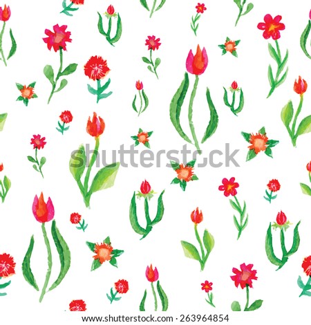 Watercolor vector seamless pattern with small flowers tulips, bright floral aquarelle background