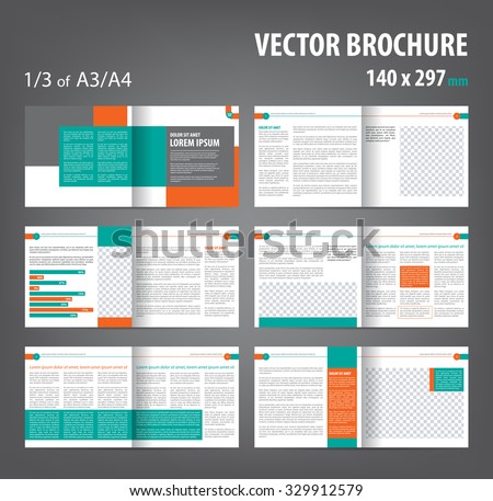 Vector empty bi-fold brochure print template design, bifold bright orange & green booklet or flyer, 12 pages