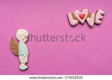 Cookies with the text of love and angel on Valentine\'s day